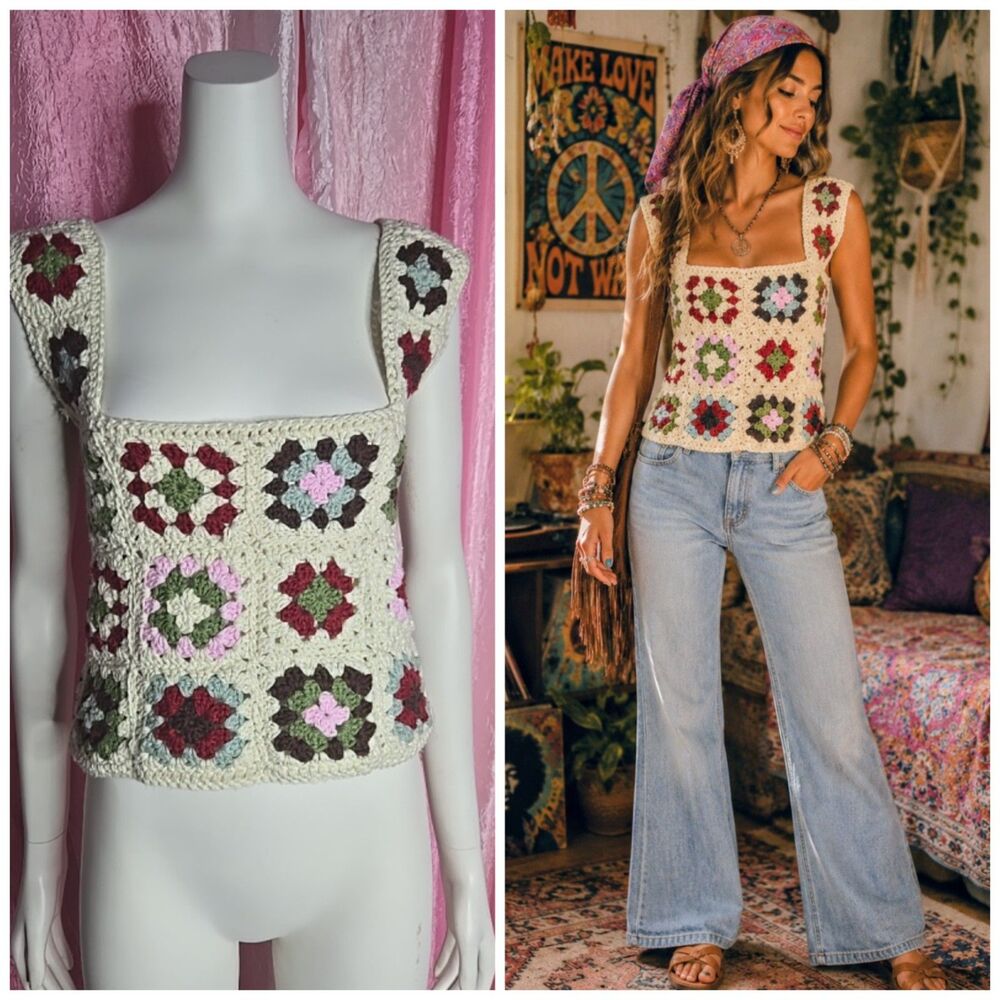 Y2K Handmade Crochet Crop Floral Granny Square Boho Festival Tank Top Small